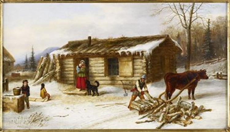Chopping Logs Outside a Snow Covered Log Cabin oil painting by Cornelius Krieghoff